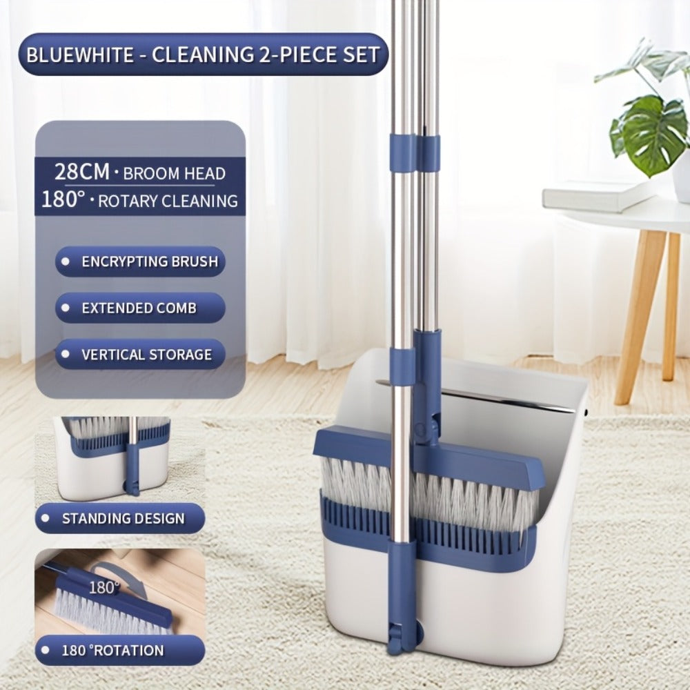 Folding Broom and Dustpan Set with Sectioned Handle, Rotating Head and Nine Blue, Orange or Khaki Checkout Options