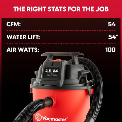 Wet Dry Vacuum Cleaner 2.5 Gallon Shop Vac, Vacmaster 2 Peak HP with Blower Function, Wall Mount & On-Board Storage for Garage