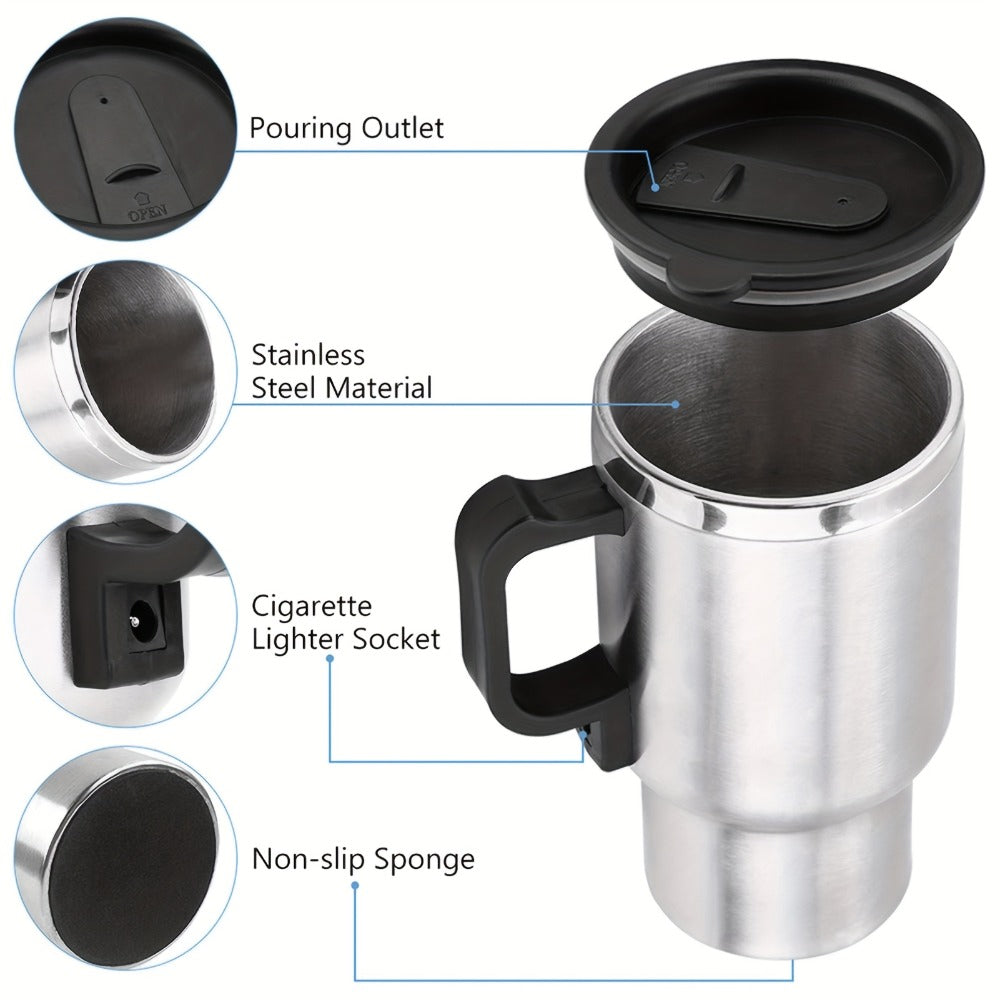 12V Car Electric Heating Travel Mug 450ml, Stainless Steel Car Electric Kettle with Cigarette Lighter Plug