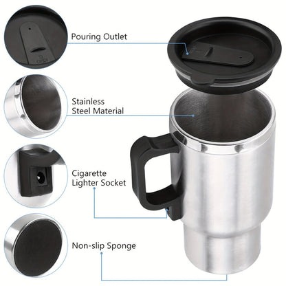 12V Car Electric Heating Travel Mug 450ml, Stainless Steel Car Electric Kettle with Cigarette Lighter Plug