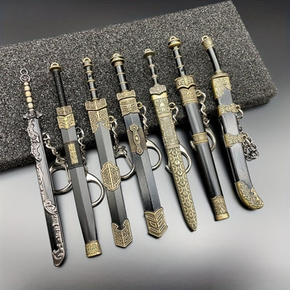 Seven-Piece Miniature Metal Sword Replica Set with Sheaths, Keychains and Ancient-Inspired Display Designs