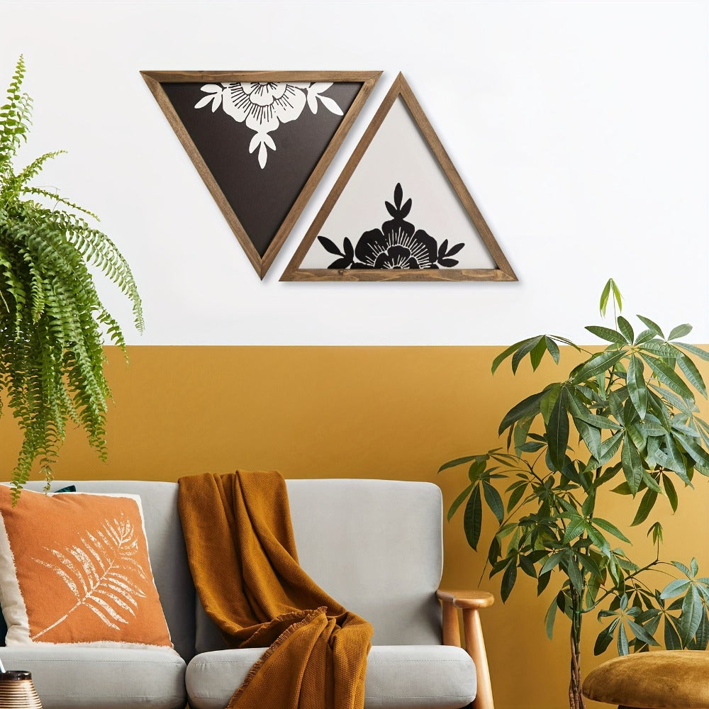 Boho Floral Wall Art Framed, Wooden Botanical Wall Decor with Black & White Geometric Triangles, Vintage Boho Style for Bedroom