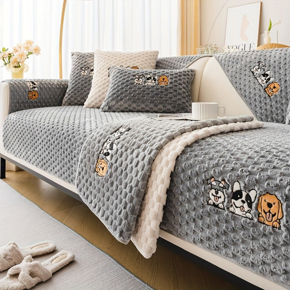 Sofa Cover, Honeycomb Velvet Animal-Embroidered Couch Pad with Backing Detail in Three Colors