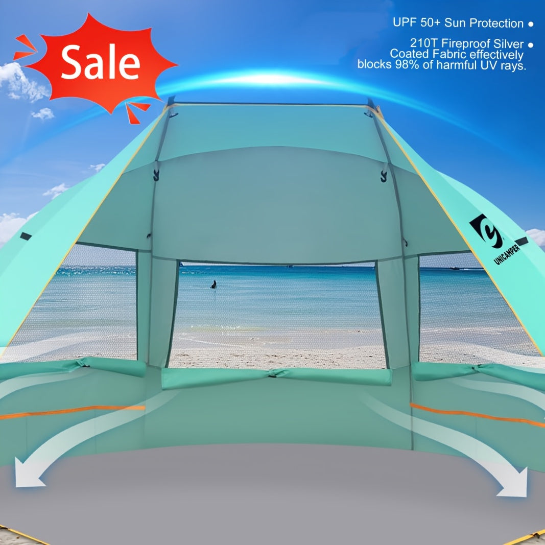 Three-Window Beach Sun Shelter with Extended Floor, 12 Stakes and Green or Blue Options Pictured
