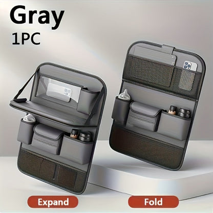 Seatback Car Organizer with Fold-Down Tray, Cup Recesses, Tissue Opening and One- or Two-Piece Packs