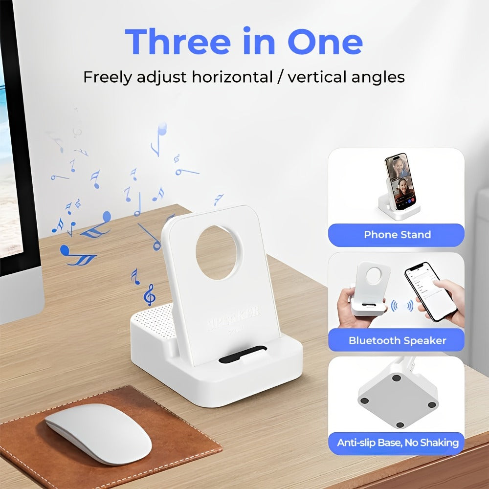 Magnetic Wireless Speaker Stand with Emergency Charging, 360° Adjustable Foldable Phone Holder, Portable Bluetooth Speaker