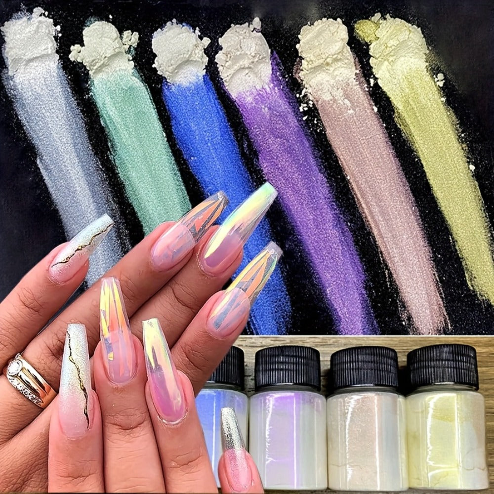 Aurora Nail Powder 12 Colors Chrome Pearl Glitter Neon Dust Holographic Iridescent Pigment Set for Chrome