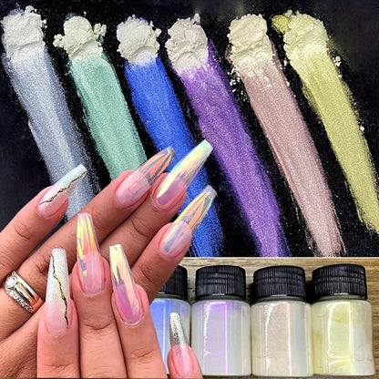 Aurora Nail Powder 12 Colors Chrome Pearl Glitter Neon Dust Holographic Iridescent Pigment Set for Chrome