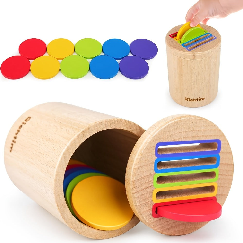 Wooden Color Sorting Coin Box Toy for Toddlers 1+, Montessori Educational Sensory Learning Toy with 10 Colorful Blocks & Storage Bag