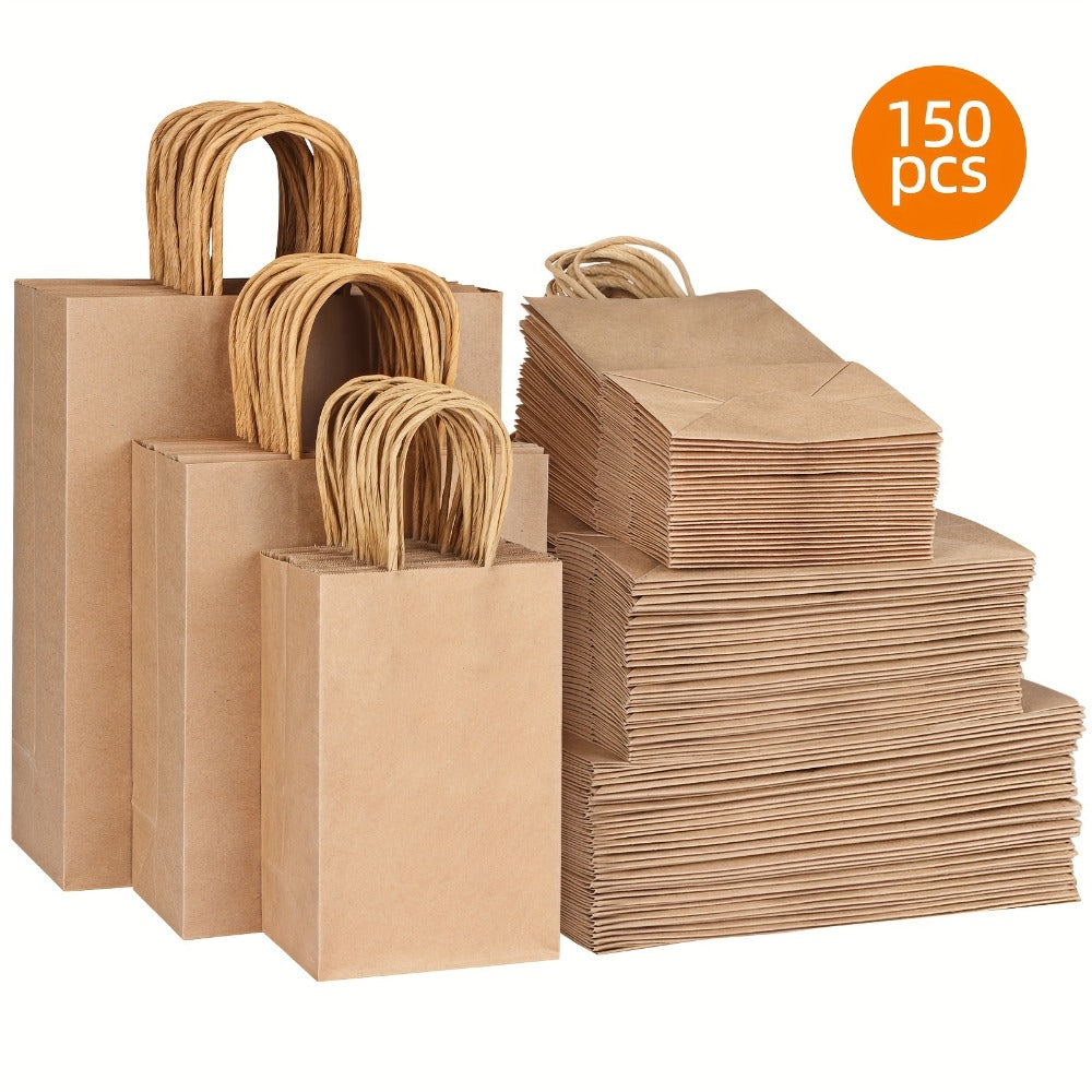 Brown Kraft Paper Gift Bags 150-Piece Mixed-Size Pack with Handles and Source-Listed 110G Paper