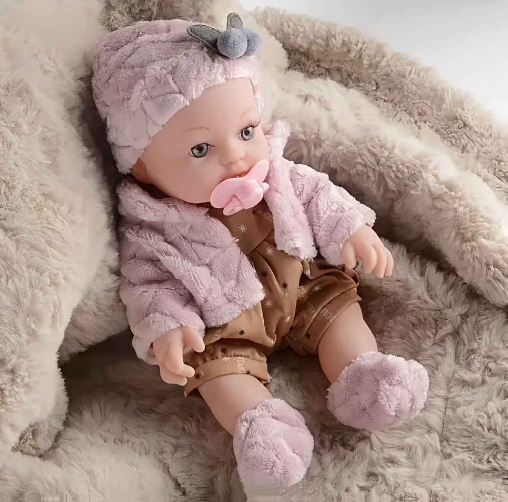 Pink Baby Doll with Open-Eye Face, Pacifier and Textured Outfit Across Three Checkout Style Labels
