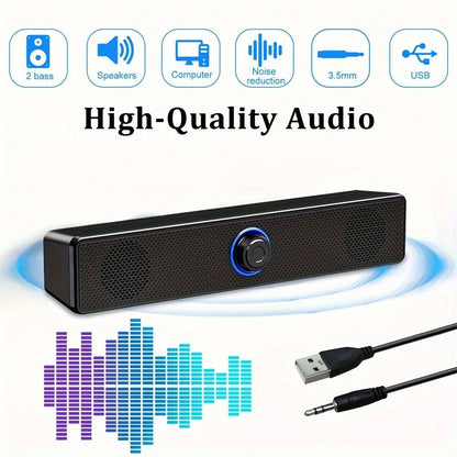 USB Wired Desktop Speaker Bar with 4D Audio Effect & Blue LED - Stereo Sound, 3.5mm AUX Input, Independent Volume Control