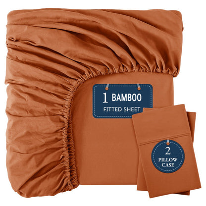 Bamboo Fitted Sheet Set 3-Piece – Cooling Breathable Soft Deep Pocket Bed Sheets, Twin Full Queen King, 12 Colors – Fits Mattress Up to 15"