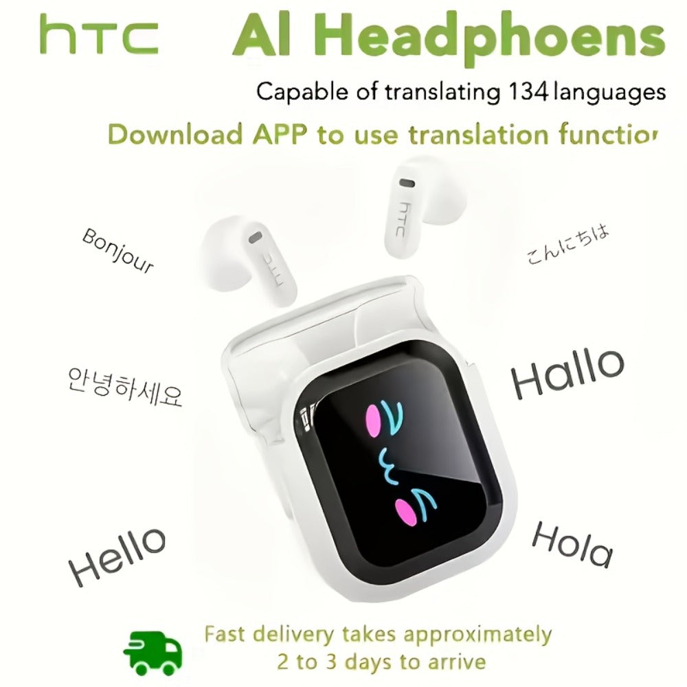 131 Language AI Translator Headset HTC NE20 Wireless 6.0 Smart LCD Touch Screen Gaming for Bedside Audio, Alarms and Room Entertainment