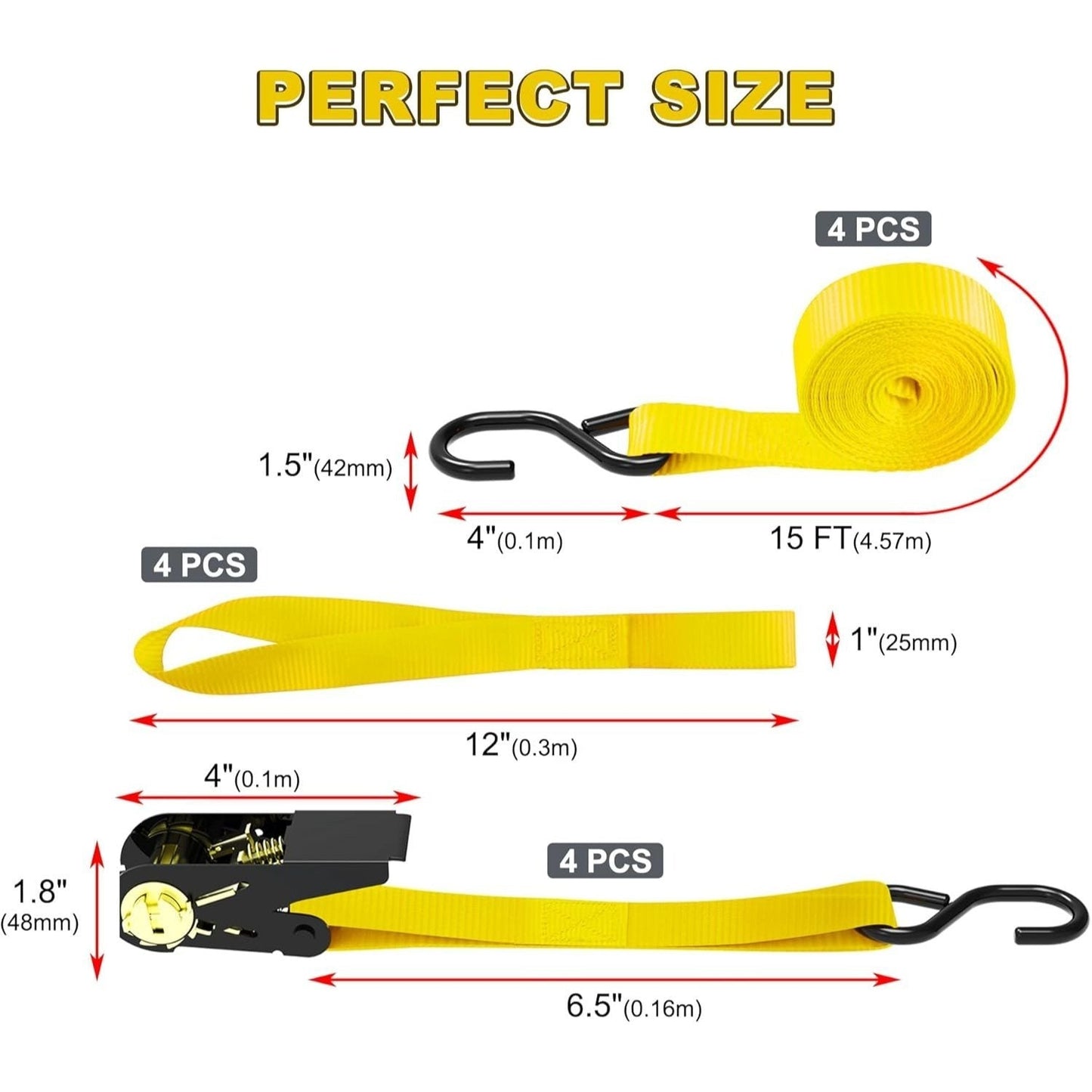 Ratchet Tie Down Straps 4-Pack 15FT 1, 500 lb Break Strength Heavy Duty with Soft Loops & Storage Bag – High-Visibility Webbing