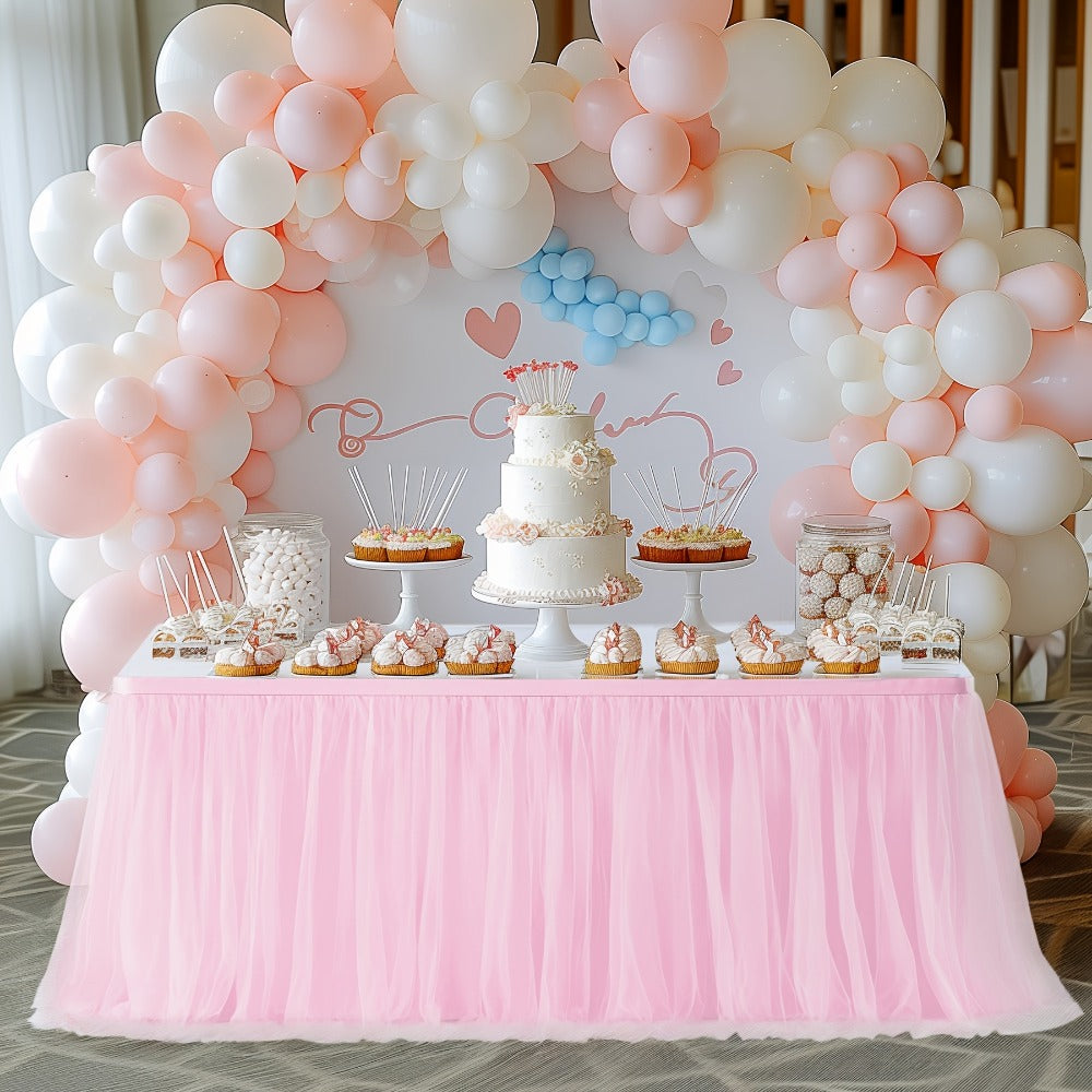 Six-Foot Gathered Tulle Table Skirt with Ten Solid or Multicolor Options for Parties and Events