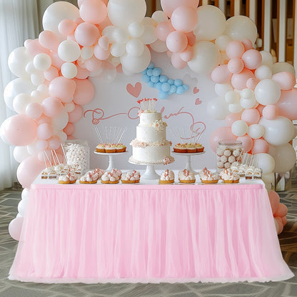 Six-Foot Gathered Tulle Table Skirt with Ten Solid or Multicolor Options for Parties and Events