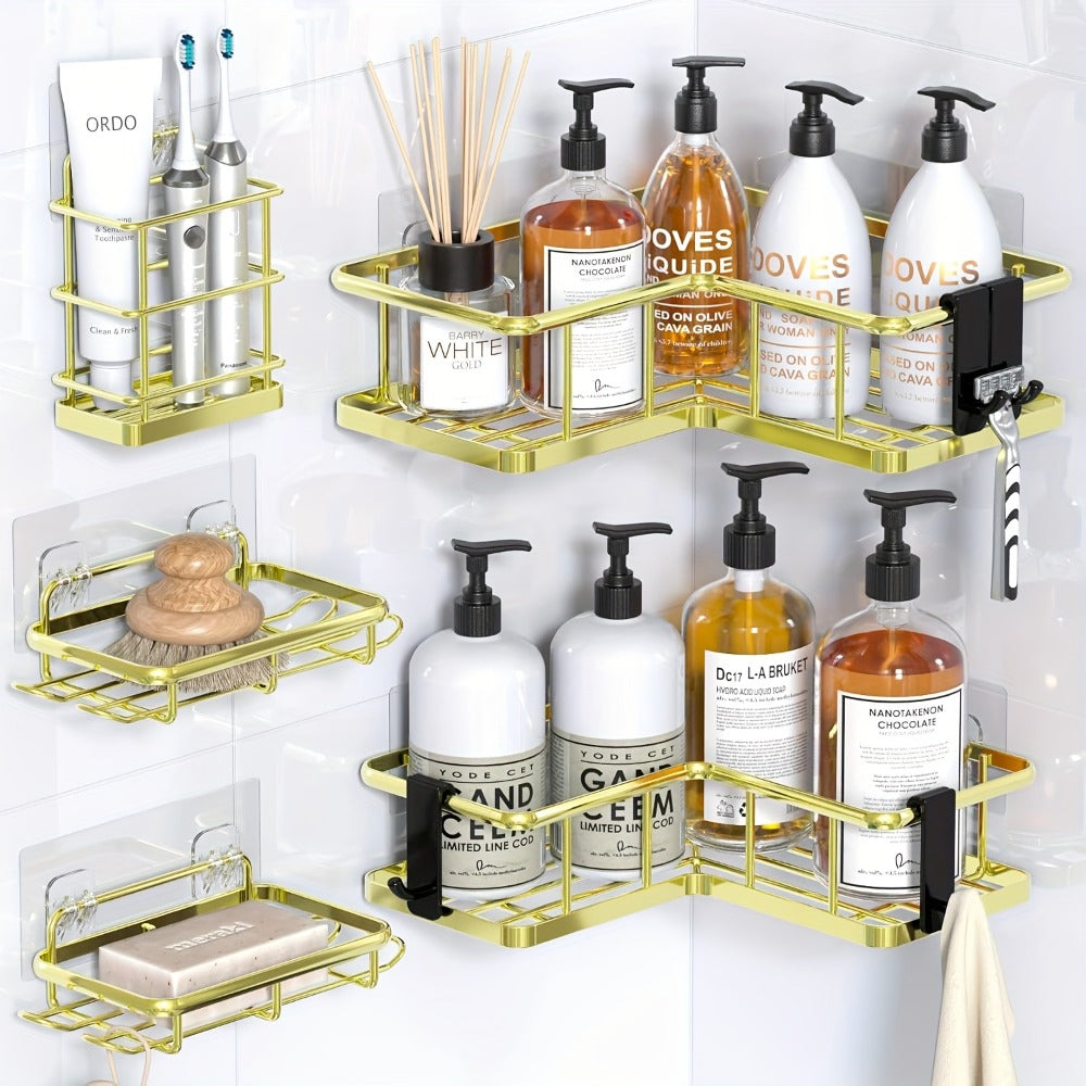 Corner Shower Caddy 5 Pack with Soap Holder & 4 Removable Hooks – Rustproof No Drill Shower Shelf Organizer for Inside Shower