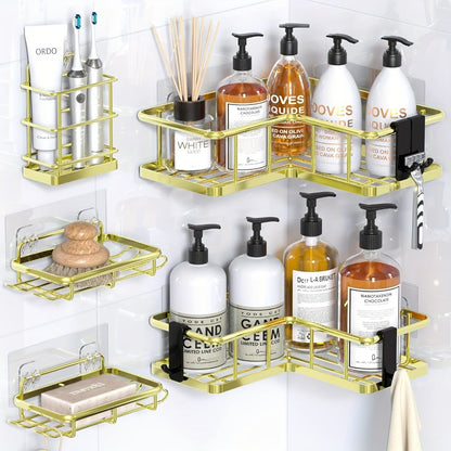 Corner Shower Caddy 5 Pack with Soap Holder & 4 Removable Hooks – Rustproof No Drill Shower Shelf Organizer for Inside Shower