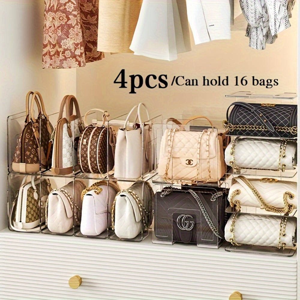 Purse Organizer for Closet 4-Pack, Clear Plastic Bag Storage Divider Shelf, Handbag Holder for Wardrobe