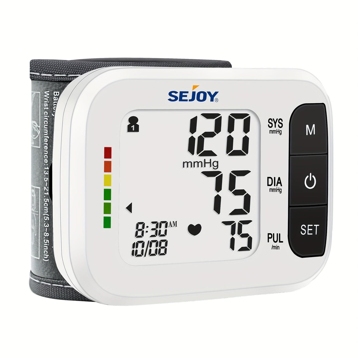 Blood Pressure Monitor by SEJOY, Wrist LCD Device with Included Strap and Battery Color Options