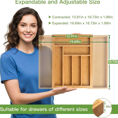 Expandable Bamboo Drawer Organizer with 6–8 Compartments, Sliding Sides and Natural Wood Finish