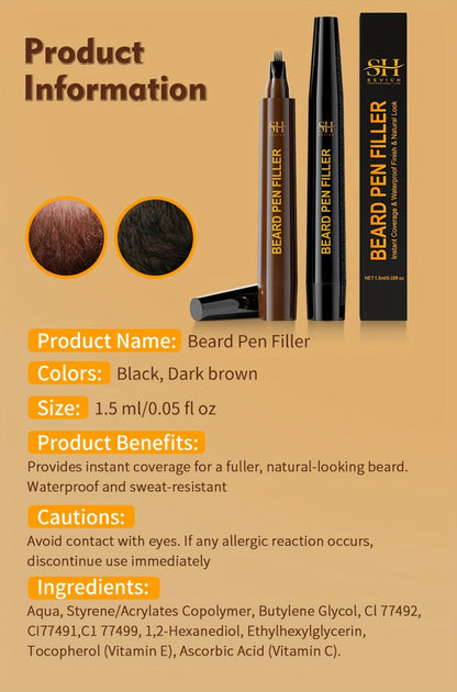 Beard Filler Pencil with Brush, Waterproof Beard Pencil for Fuller Thicker Beard, Fills Sparse Patchy Beard & Mustache