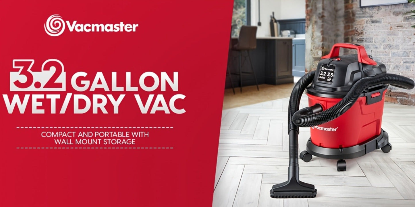 Wall Mount Wet Dry Vacuum 3.2 Gallon 2.5 Peak HP, Space-Saving Shop Vac with Cloth Filter for Wet Spills & Dry Debris
