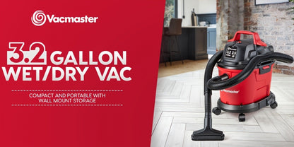 Wall Mount Wet Dry Vacuum 3.2 Gallon 2.5 Peak HP, Space-Saving Shop Vac with Cloth Filter for Wet Spills & Dry Debris