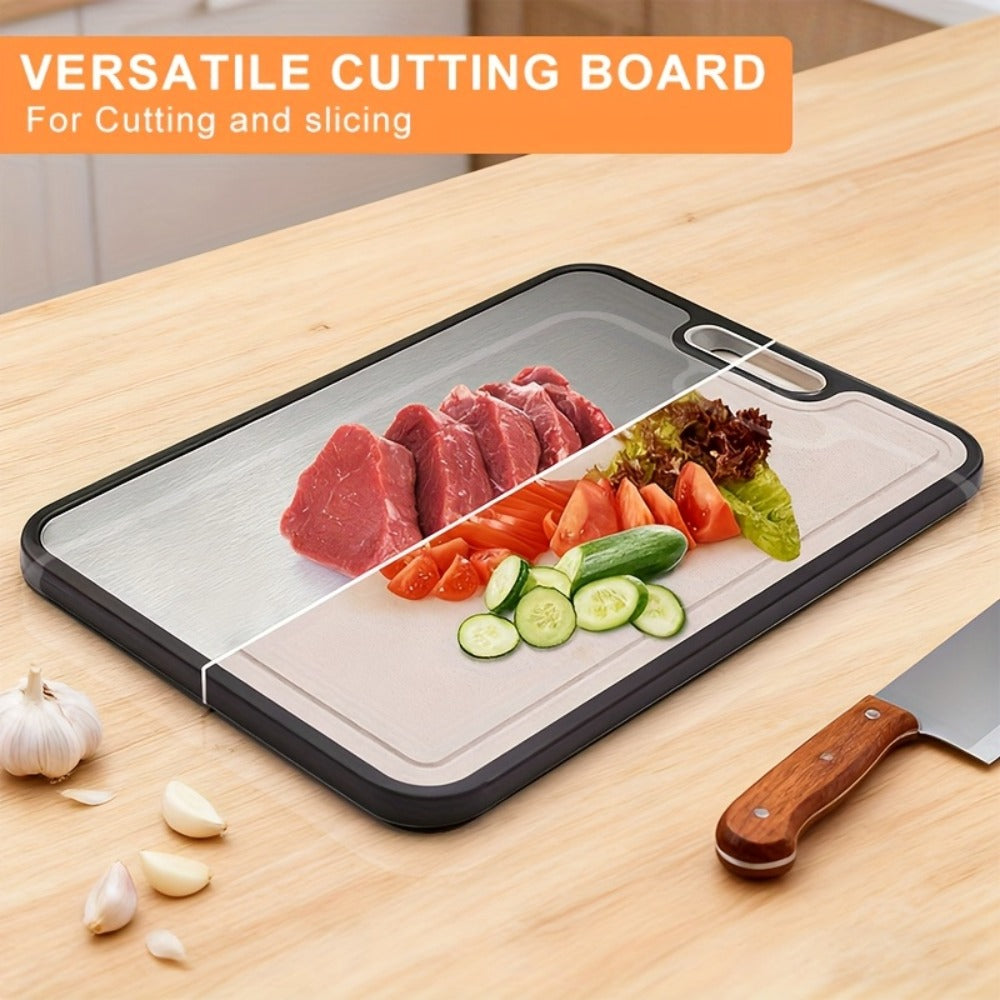 Double-Sided Cutting Board with Stainless-Steel and Wheat-Straw PP Faces, Handle and 16 x 11-Inch Size