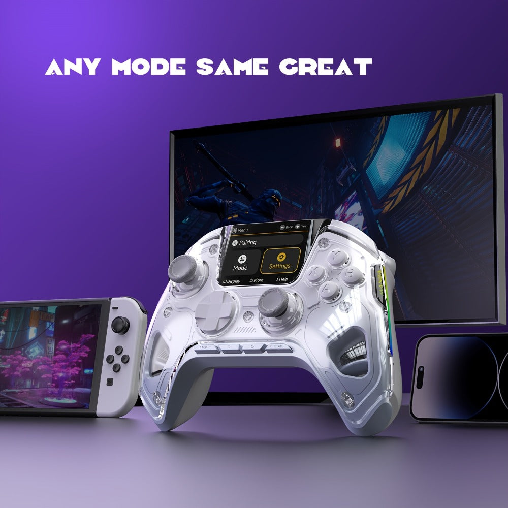 Hall-Effect Wireless Gaming Controller in White with Interactive Screen, RGB Lighting and Charging Dock