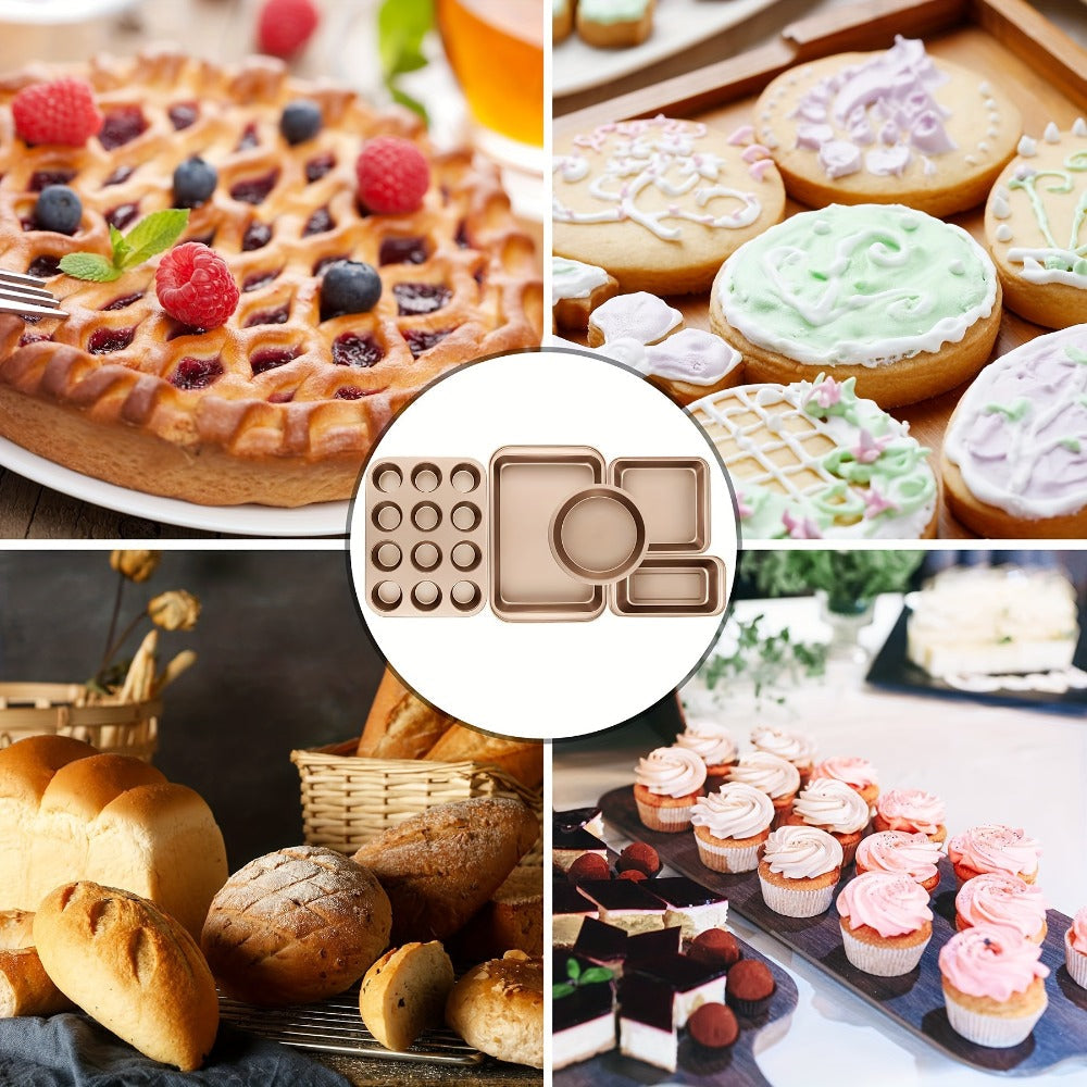 Nonstick Bakeware Set Stackable Space-Saving - Round & Square Pans, Waffle Tray, Cookie Sheet, Carbon Steel Baking Pan Set for Oven