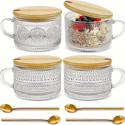Glass Coffee Cups Set of 4 with Bamboo Lids and Spoons 450ml Vintage Embossed Iced Coffee Glasses for Cappuccino Latte Overnight Oats