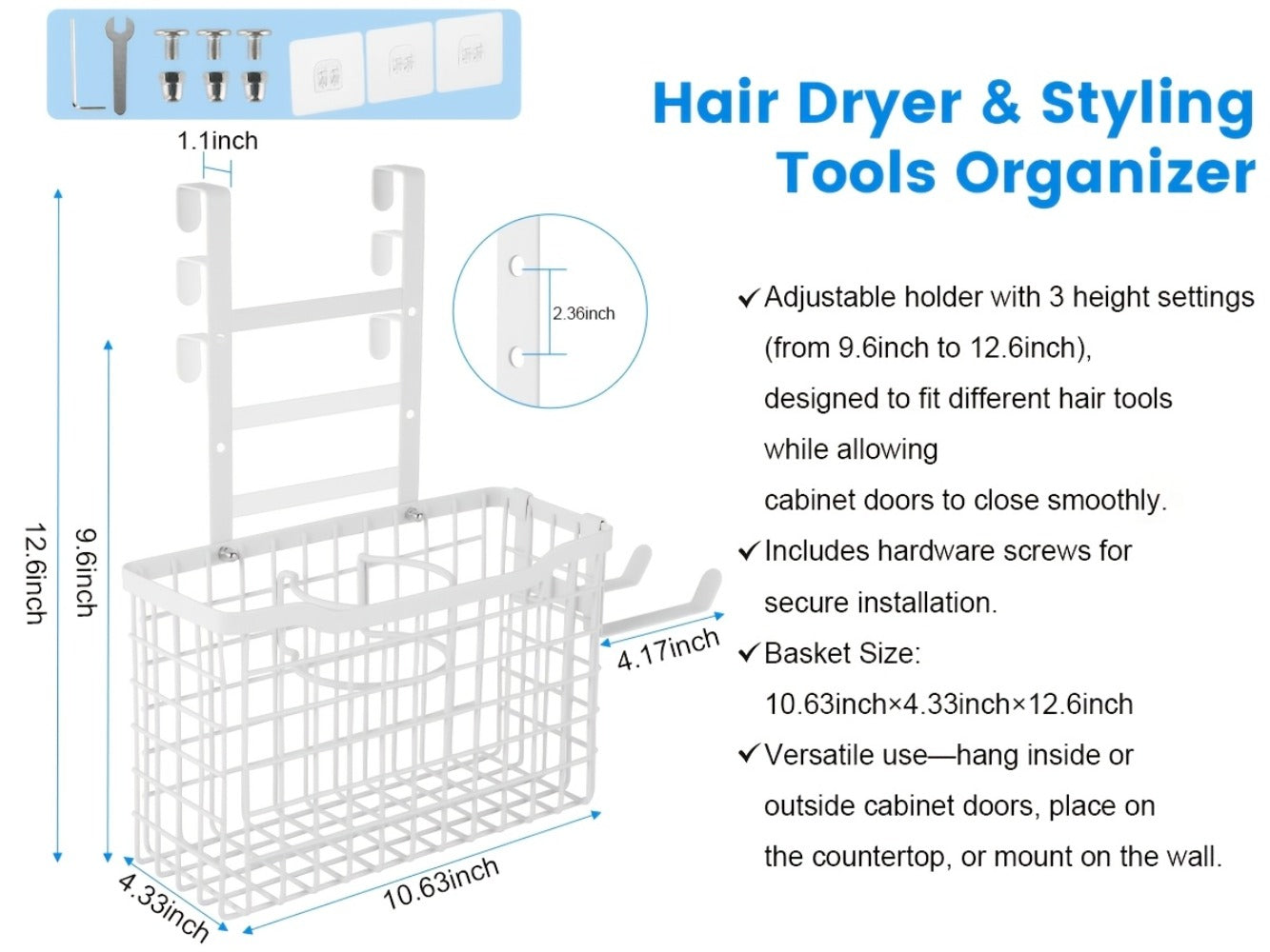 Hanging Hair Tool Organizer with Adjustable Mounting Height, Wire Basket and Black or White Finish