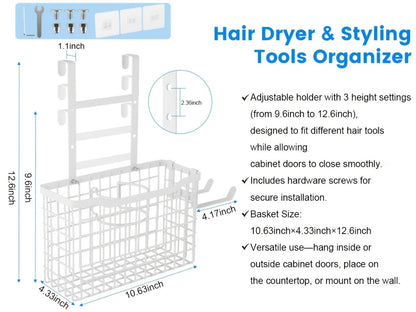 Hanging Hair Tool Organizer with Adjustable Mounting Height, Wire Basket and Black or White Finish