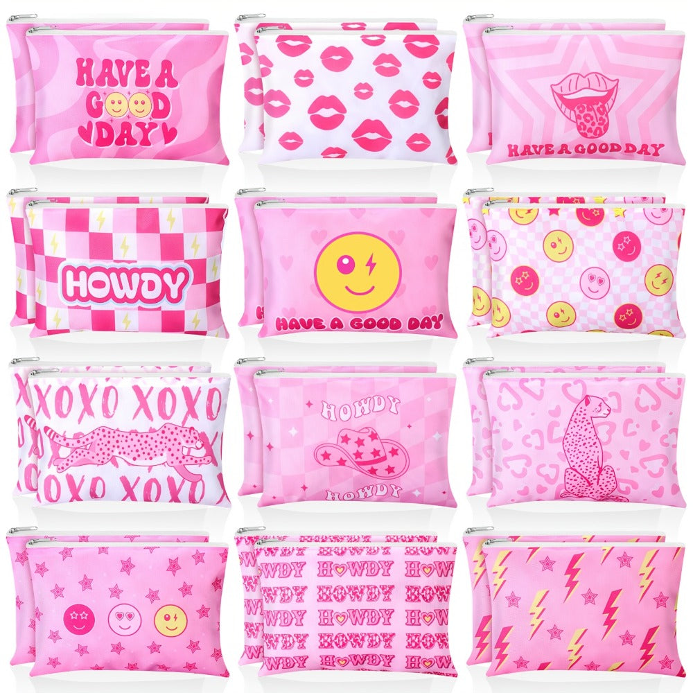 Bulk Cosmetic Bags 24-Pack Pink Howdy Western Zipper Makeup Pouches Party Favor Set for Women Girls Birthday Bachelorette Bridal Shower