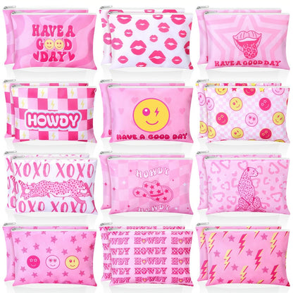 Bulk Cosmetic Bags 24-Pack Pink Howdy Western Zipper Makeup Pouches Party Favor Set for Women Girls Birthday Bachelorette Bridal Shower