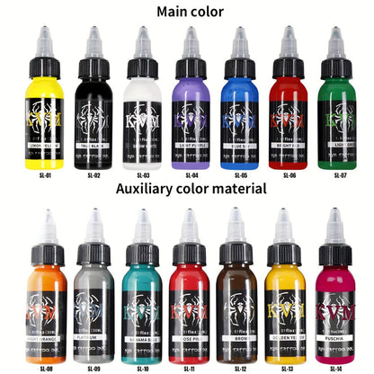 Tattoo Ink 7- or 14-Color Set with 1oz 30ml Bottles and Three Palette Configurations with Item-Specific Color, Capacity and Bottle Choices