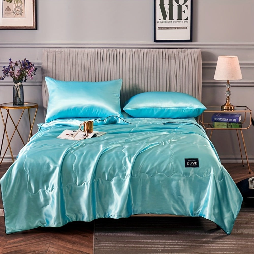 Cooling Satin Quilt Summer Comforter Ultra-Soft Breathable Lightweight Blanket, Machine Washable Satin Weave Bedspread for Home Dorm Hotel
