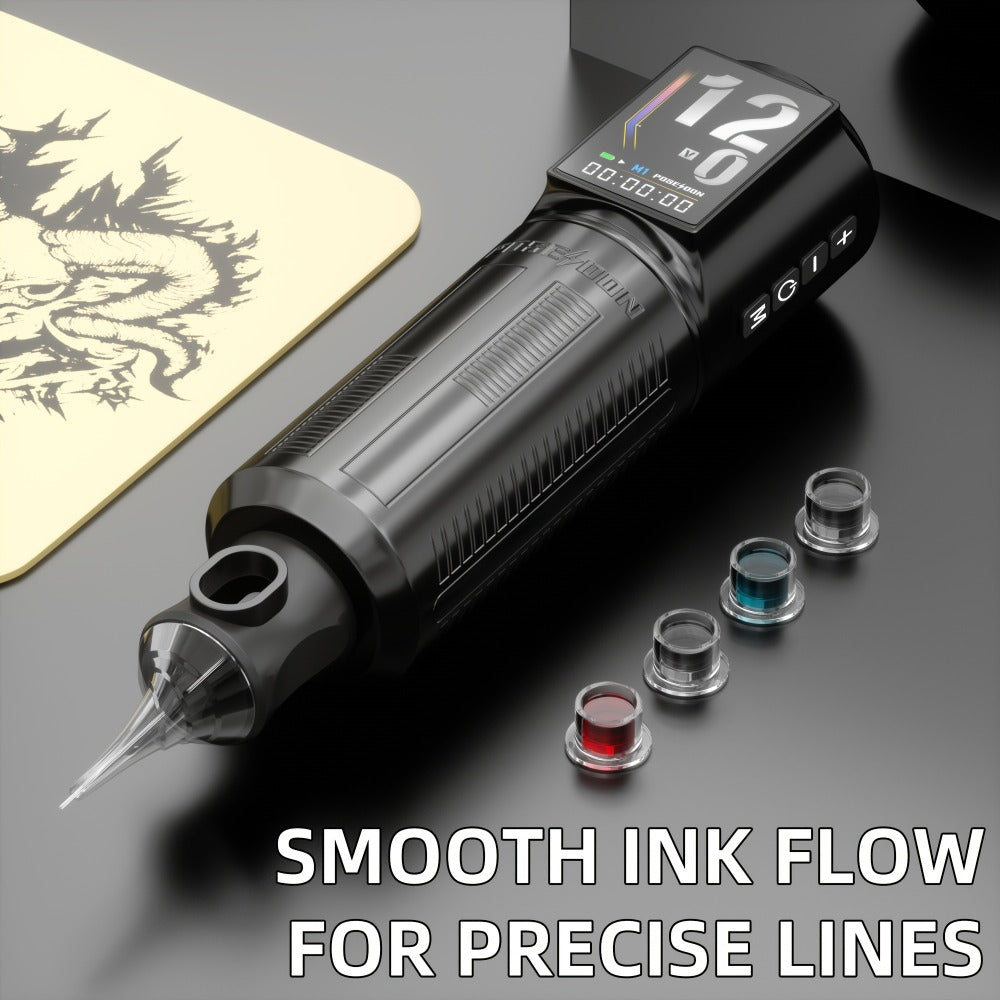 Tattoo Machine Kit POSEIDON BT29 Wireless Rotary Pen with LED Color Screen, 2300mAh Battery, 10 Cartridges and 11 Inks