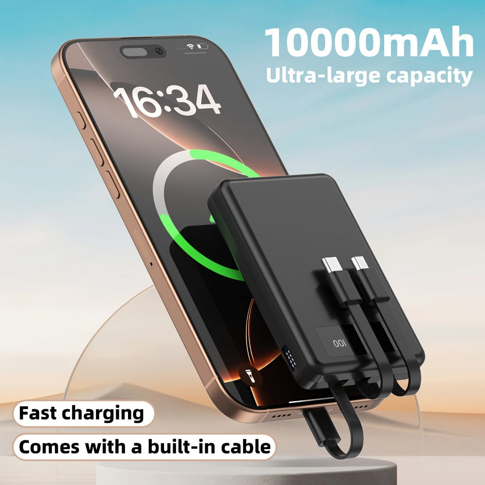 Power Bank Slim 5000mAh or 10000mAh with Built-In USB-C Cable, Four-Device Layout and LED Display