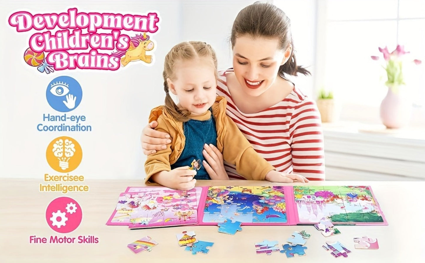 Magnetic Puzzle Book for Girls 3 4 5 6, 3-in-1 Unicorn Mermaid Princess Travel Puzzles, 20 Pieces Folding Magnetic Jigsaw for Toddlers