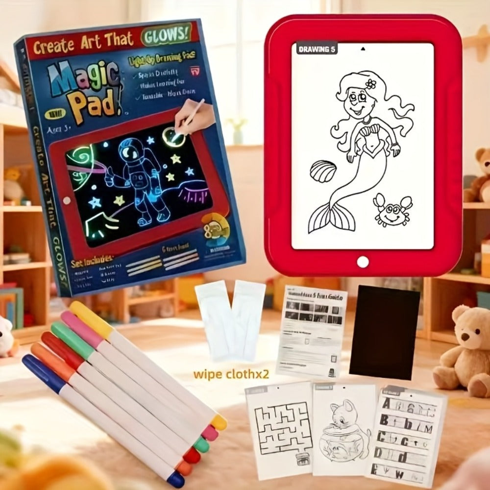 Magic LED Drawing Board for Kids with 15 Double-Sided Tracing Cards & 6 Markers, Light Up Luminous Art Board for Boys & Girls Ages 3-8