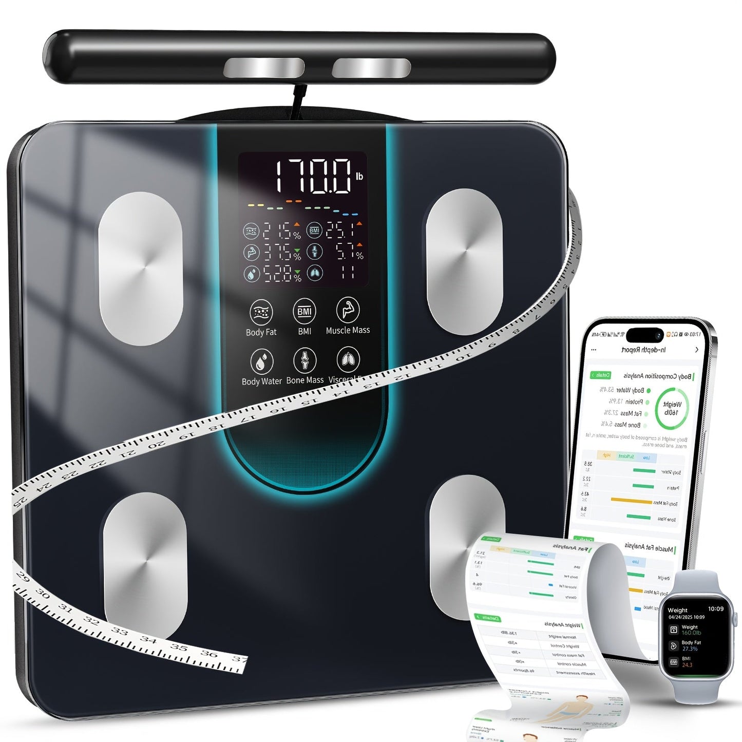 Smart Body Fat Scale with Handle, 8-Electrode Full Body Composition Analyzer, BMI Mass Monitor
