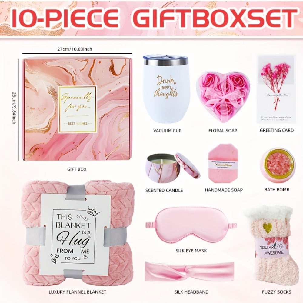 Luxury Spa Gift Set for Women 10-Piece Rose Scented Candles Bath Salt Balls Dried Flowers Eye Mask Soap Blanket Socks Hair Ribbon Gift Card