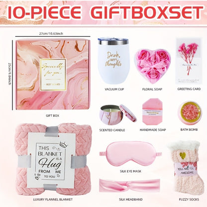 Luxury Spa Gift Set for Women 10-Piece Rose Scented Candles Bath Salt Balls Dried Flowers Eye Mask Soap Blanket Socks Hair Ribbon Gift Card
