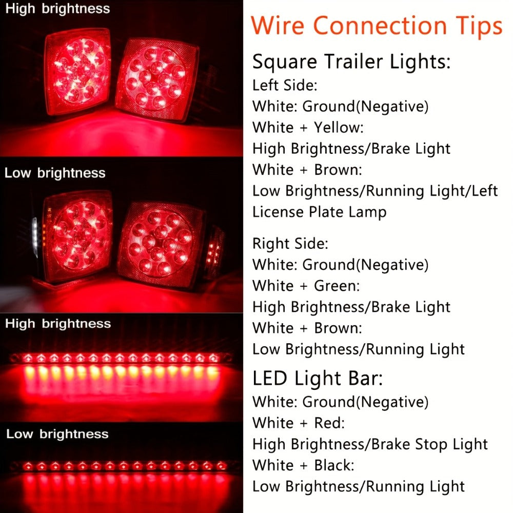 LED Trailer Light Kit with Wire Harness – Tail Lights, Amber Marker Lights & Brake ID Bar, 12V, Fits Boat Trailer Camper Truck Snowmobile