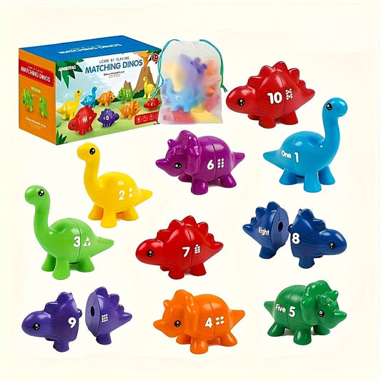 Dinosaur Number Matching Toy for Toddlers, 10 Pairs Retractable Plug-In Counting Sorting Math Game with Storage Bag