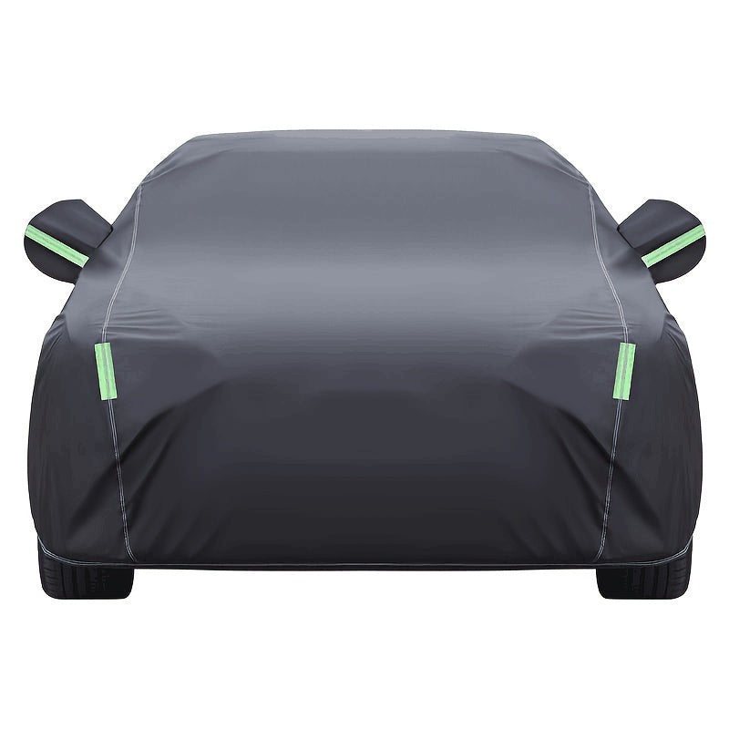 Black Full Car Cover in 190T Silver-Coated Cloth with Green Reflective Strips, Storage Bag and Six Sedan or SUV Sizes