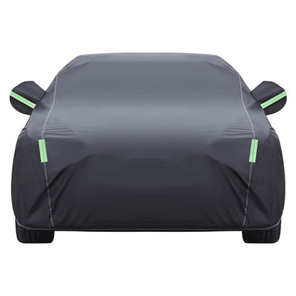 Black Full Car Cover in 190T Silver-Coated Cloth with Green Reflective Strips, Storage Bag and Six Sedan or SUV Sizes